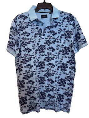 7 Diamonds Mens Floral Polo Shirt M 100% Cotton Blue Short Sleeve Made In India